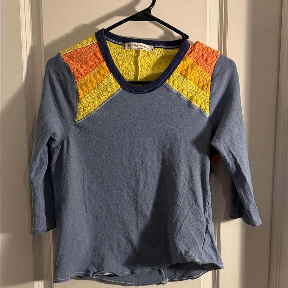 We The Free 3/4 Sleeve Top with Blue, Orange, and Yellow Accents